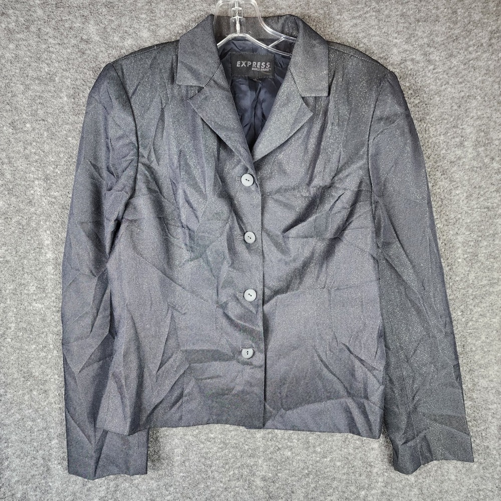 Express‎ Blazer Women 5/6 Grey Metallic Shimmer 4-Button Tailored Career Jacket